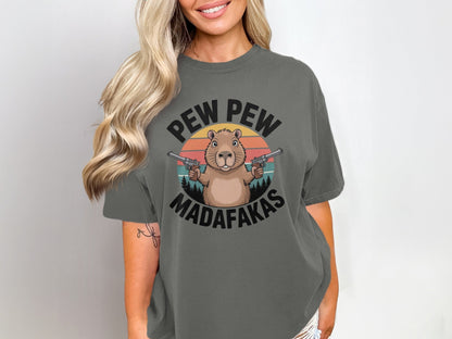 Pew Pew Madafakas Capybara T-Shirt, Funny Animal Tee, Meme Shirt, Sarcastic Shirt, Gift for Capybara Lover, Capybara Gangster Shirt - IconVexa