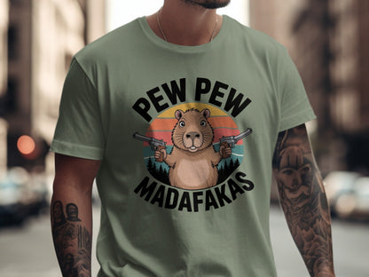 Pew Pew Madafakas Capybara T-Shirt, Funny Animal Tee, Meme Shirt, Sarcastic Shirt, Gift for Capybara Lover, Capybara Gangster Shirt - IconVexa
