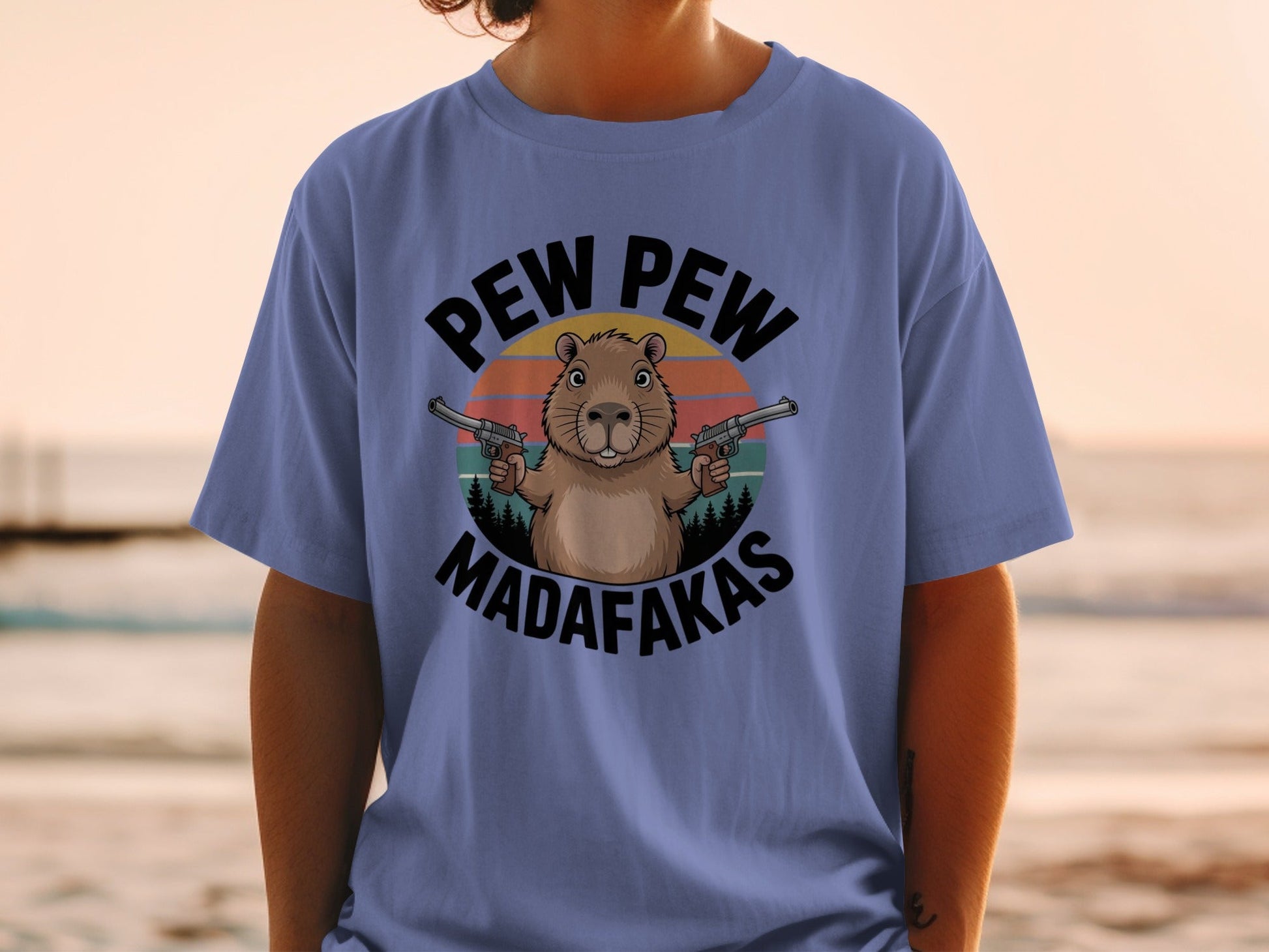 Pew Pew Madafakas Capybara T-Shirt, Funny Animal Tee, Meme Shirt, Sarcastic Shirt, Gift for Capybara Lover, Capybara Gangster Shirt - IconVexa