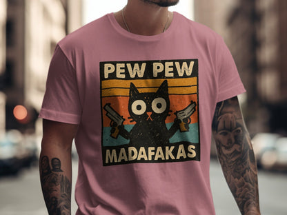 Pew Pew Madafakas Cat T-Shirt, Funny Cat Shirt, Gangster Cat, Gift for Cat Lover, Cat with Guns, Novelty T-Shirt, Trending Now - IconVexa