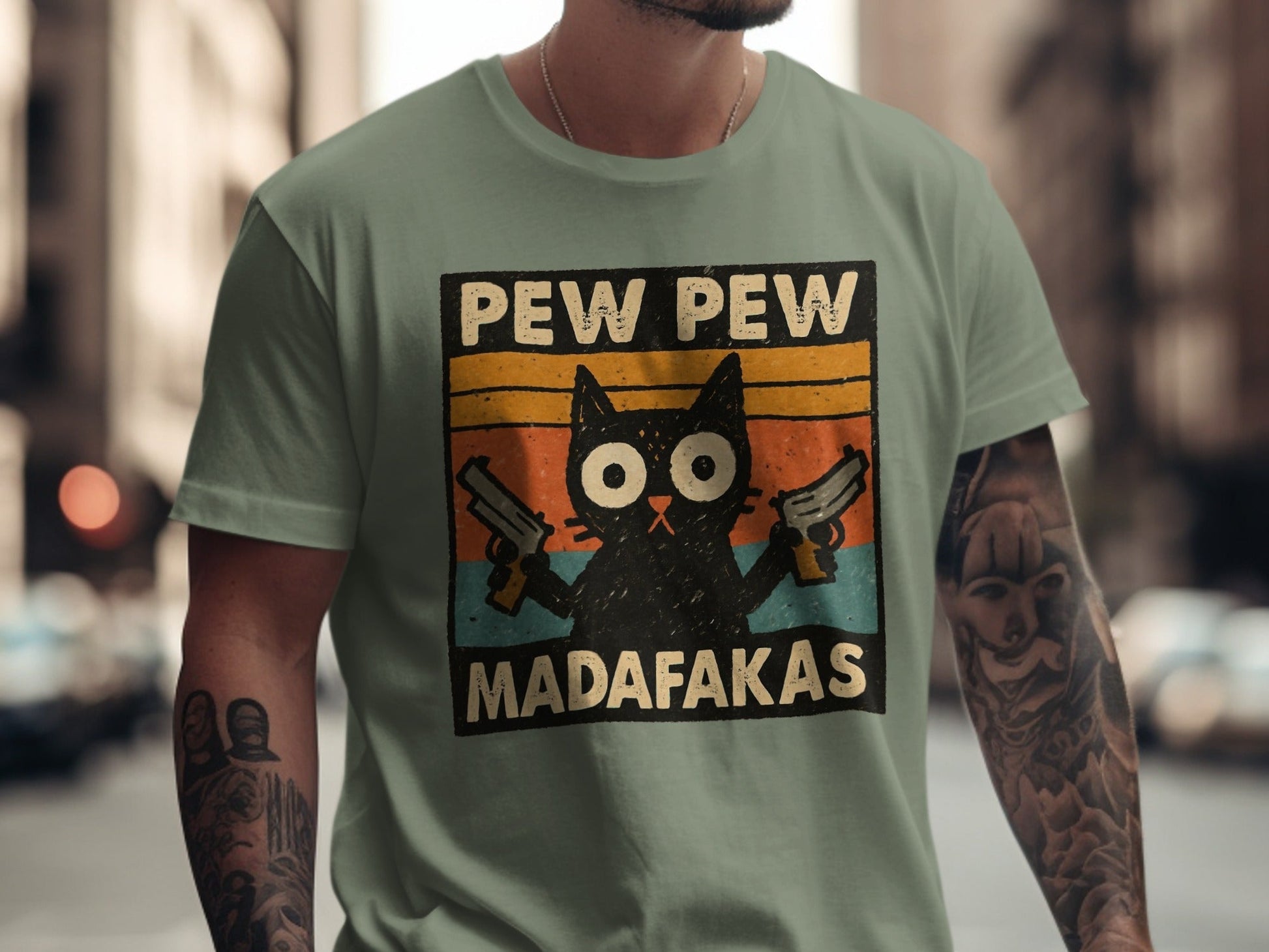 Pew Pew Madafakas Cat T-Shirt, Funny Cat Shirt, Gangster Cat, Gift for Cat Lover, Cat with Guns, Novelty T-Shirt, Trending Now - IconVexa