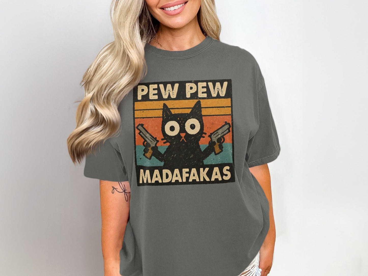 Pew Pew Madafakas Cat T-Shirt, Funny Cat Shirt, Gangster Cat, Gift for Cat Lover, Cat with Guns, Novelty T-Shirt, Trending Now - IconVexa