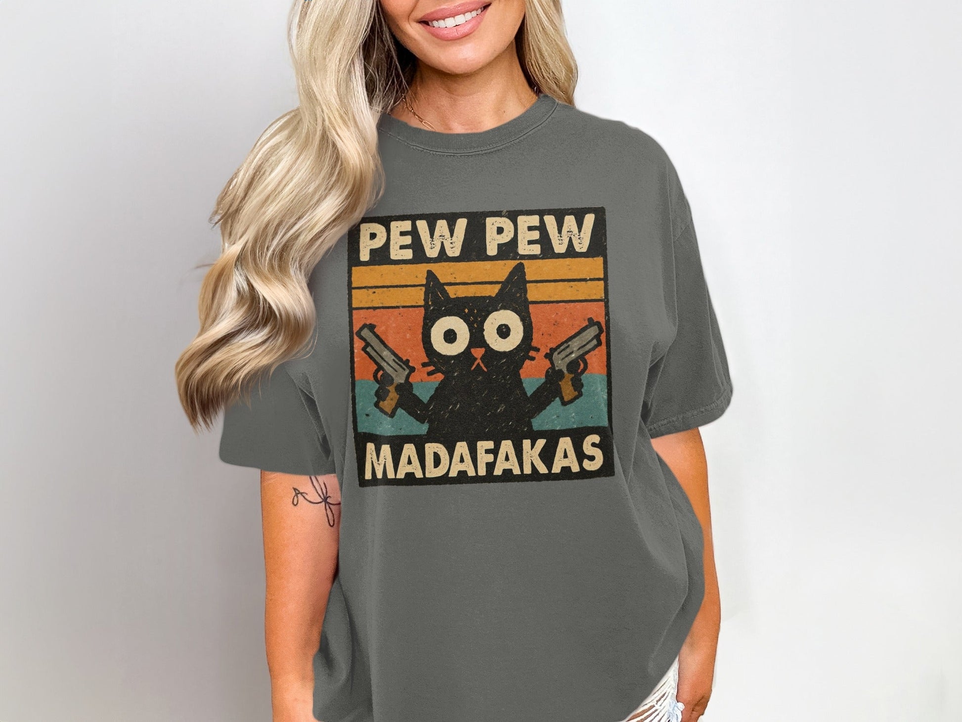 Pew Pew Madafakas Cat T-Shirt, Funny Cat Shirt, Gangster Cat, Gift for Cat Lover, Cat with Guns, Novelty T-Shirt, Trending Now - IconVexa