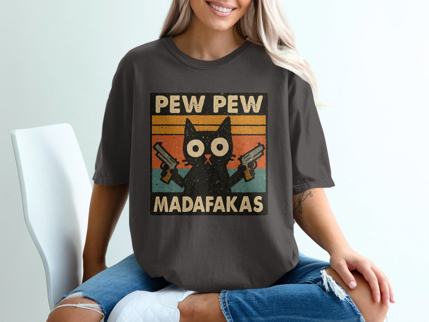 Pew Pew Madafakas Cat T-Shirt, Funny Cat Shirt, Gangster Cat, Gift for Cat Lover, Cat with Guns, Novelty T-Shirt, Trending Now - IconVexa