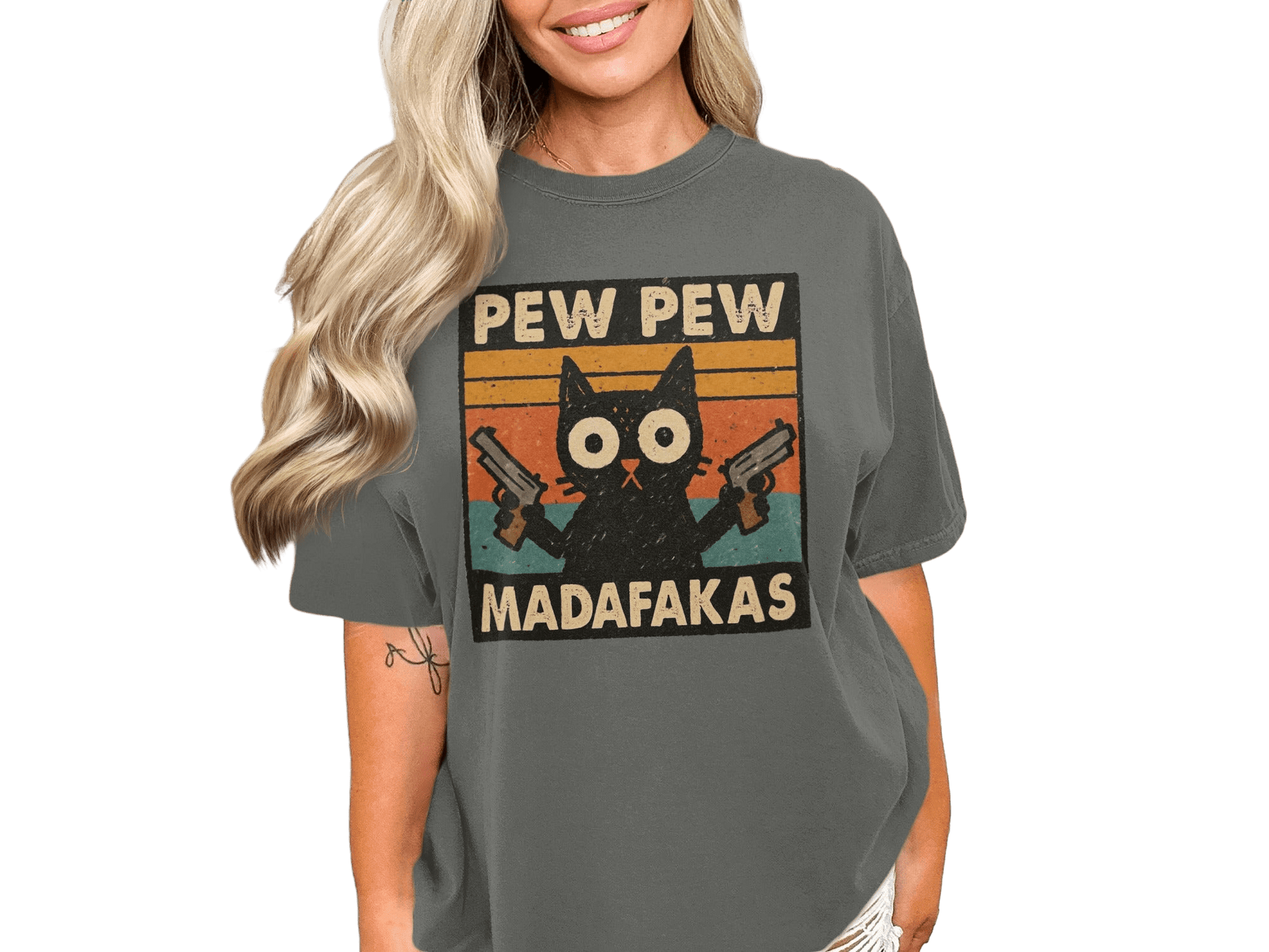 Pew Pew Madafakas Cat T-Shirt, Funny Cat Shirt, Gangster Cat, Gift for Cat Lover, Cat with Guns, Novelty T-Shirt, Trending Now - IconVexa
