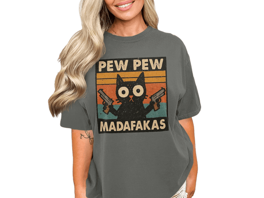 Pew Pew Madafakas Cat T-Shirt, Funny Cat Shirt, Gangster Cat, Gift for Cat Lover, Cat with Guns, Novelty T-Shirt, Trending Now - IconVexa