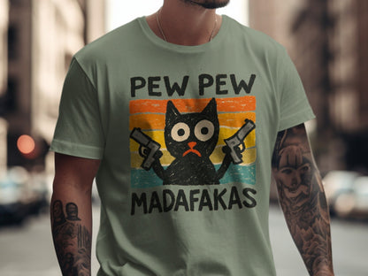Pew Pew Madafakas Cat T-Shirt, Funny Kitten Tee, Gangster Cat Shirt, Cool Cat Lover Shirt, Unique T-shirt Gift, Trendy T-Shirt Design - IconVexa