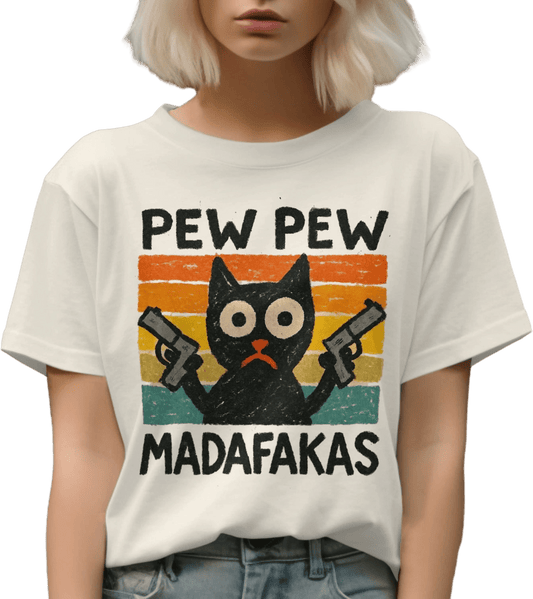 Pew Pew Madafakas Cat T-Shirt, Funny Kitten Tee, Gangster Cat Shirt, Cool Cat Lover Shirt, Unique T-shirt Gift, Trendy T-Shirt Design - IconVexa