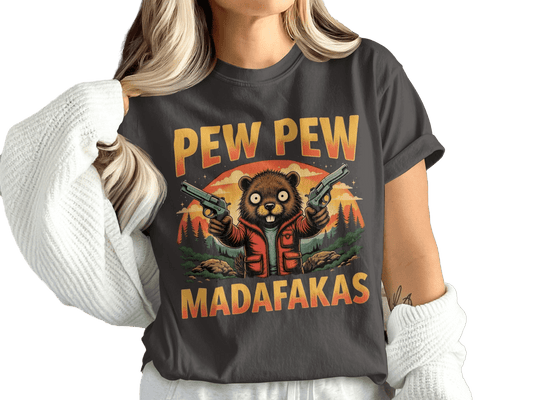 Pew Pew Madafakas T-Shirt, Funny Beaver Tee, Animal Lover Shirt, Meme Shirt, Gun T Shirt, Graphic Design Tee, Trendy T-Shirt, Gift for Her - IconVexa