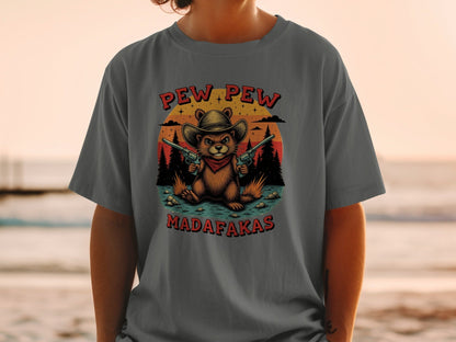Pew Pew Madafakas T-Shirt, Funny Beaver Tee, Cowboy Animal Shirt, Unique Graphic T-Shirt, Western Style Tee Shirt, Gift Idea T Shirt - IconVexa