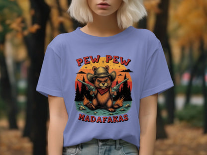 Pew Pew Madafakas T-Shirt, Funny Beaver Tee, Cowboy Animal Shirt, Unique Graphic T-Shirt, Western Style Tee Shirt, Gift Idea T Shirt - IconVexa