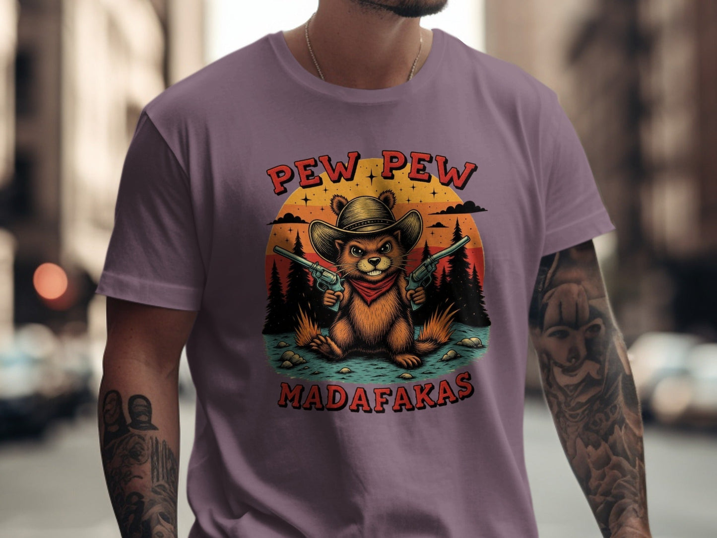Pew Pew Madafakas T-Shirt, Funny Beaver Tee, Cowboy Animal Shirt, Unique Graphic T-Shirt, Western Style Tee Shirt, Gift Idea T Shirt - IconVexa
