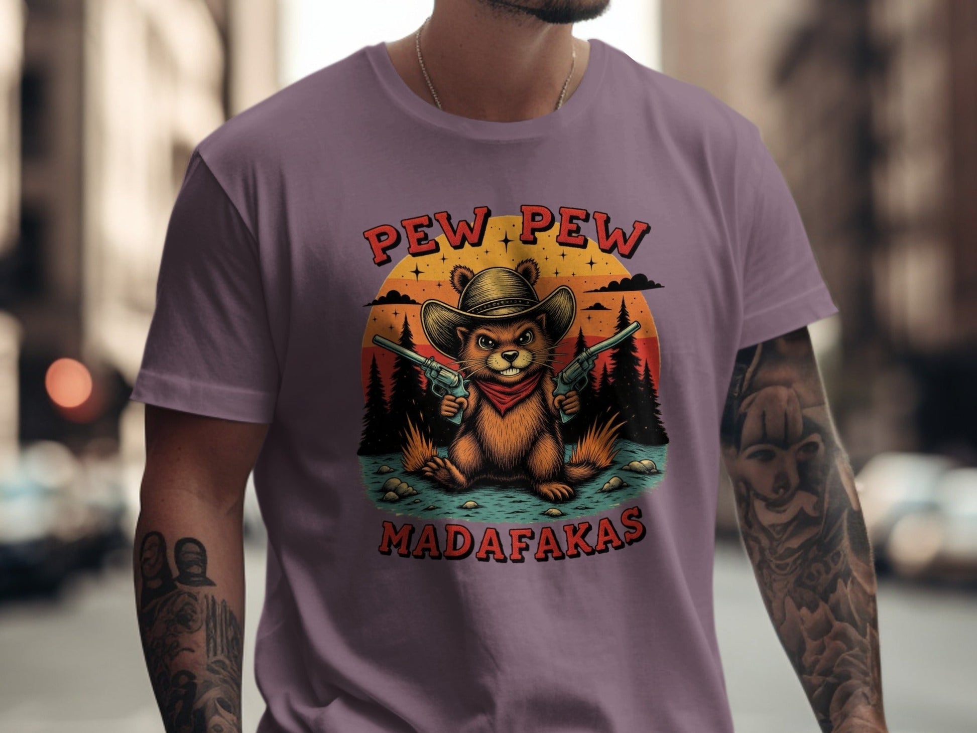 Pew Pew Madafakas T-Shirt, Funny Beaver Tee, Cowboy Animal Shirt, Unique Graphic T-Shirt, Western Style Tee Shirt, Gift Idea T Shirt - IconVexa