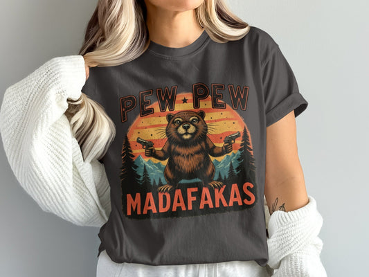 Pew Pew Madafakas T-Shirt, Funny Beaver Tee Shirt, Graphic Novelty Shirt, Trending Gift Shirt, Humor Tee, Animal Lover T-Shirt - IconVexa