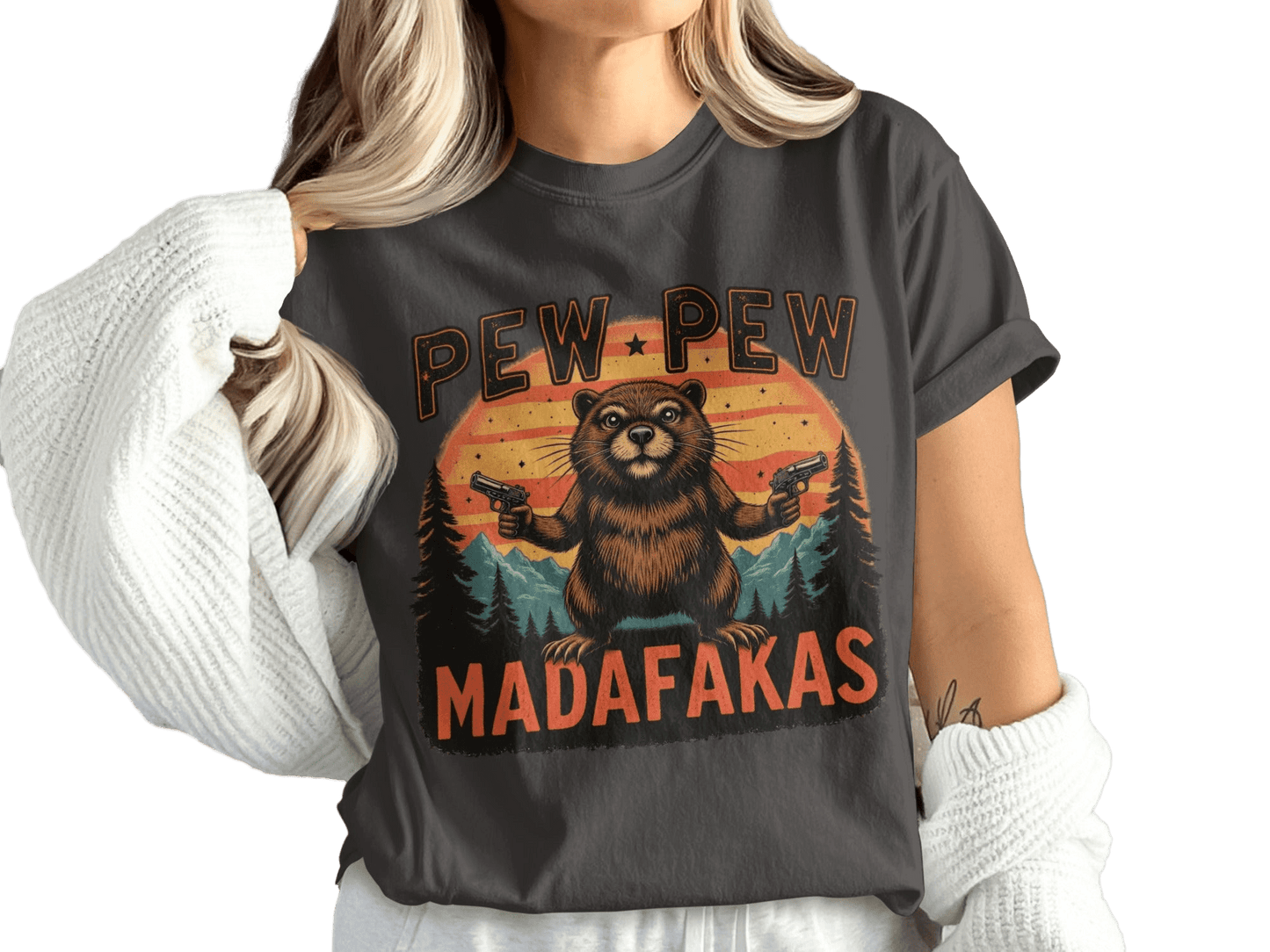 Pew Pew Madafakas T-Shirt, Funny Beaver Tee Shirt, Graphic Novelty Shirt, Trending Gift Shirt, Humor Tee, Animal Lover T-Shirt - IconVexa
