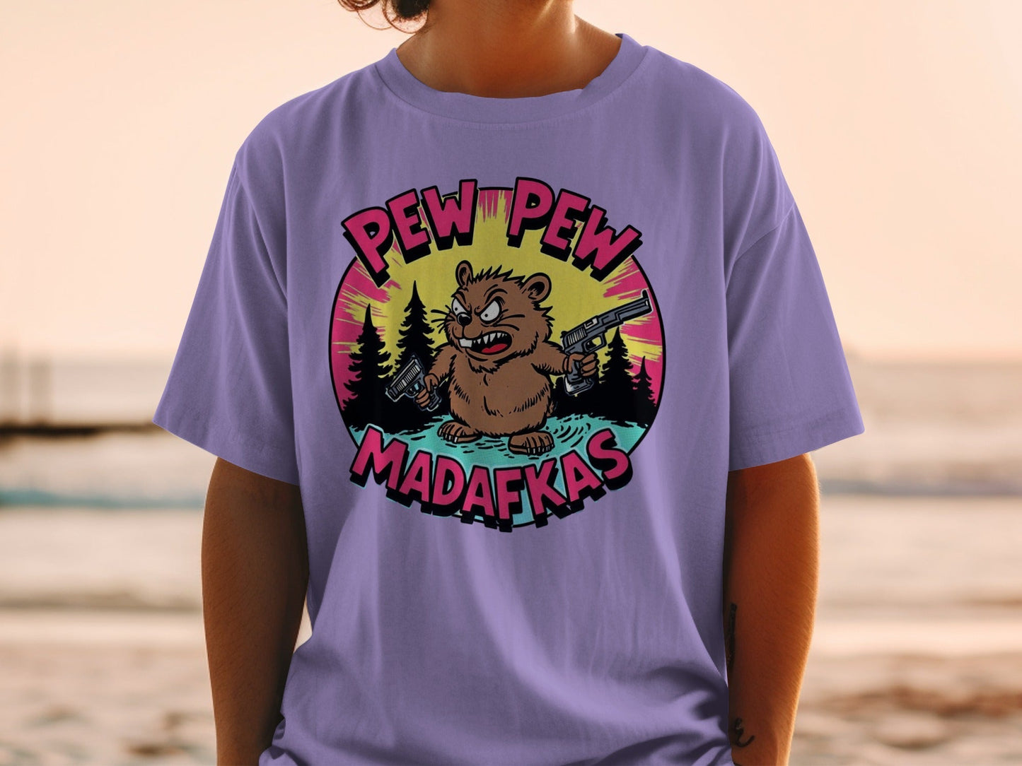 Pew Pew Madafkas Beaver T-Shirt, Funny Animal Tee, Cartoon Beaver, Gun Lover Shirt, Meme T-Shirt, Graphic Tee - IconVexa