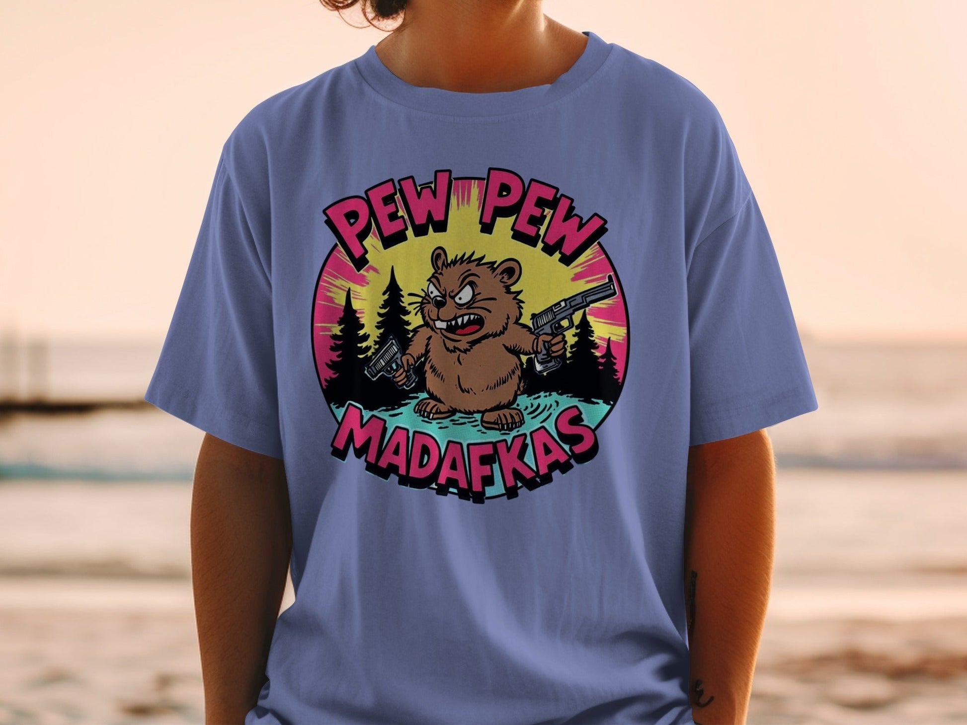 Pew Pew Madafkas Beaver T-Shirt, Funny Animal Tee, Cartoon Beaver, Gun Lover Shirt, Meme T-Shirt, Graphic Tee - IconVexa