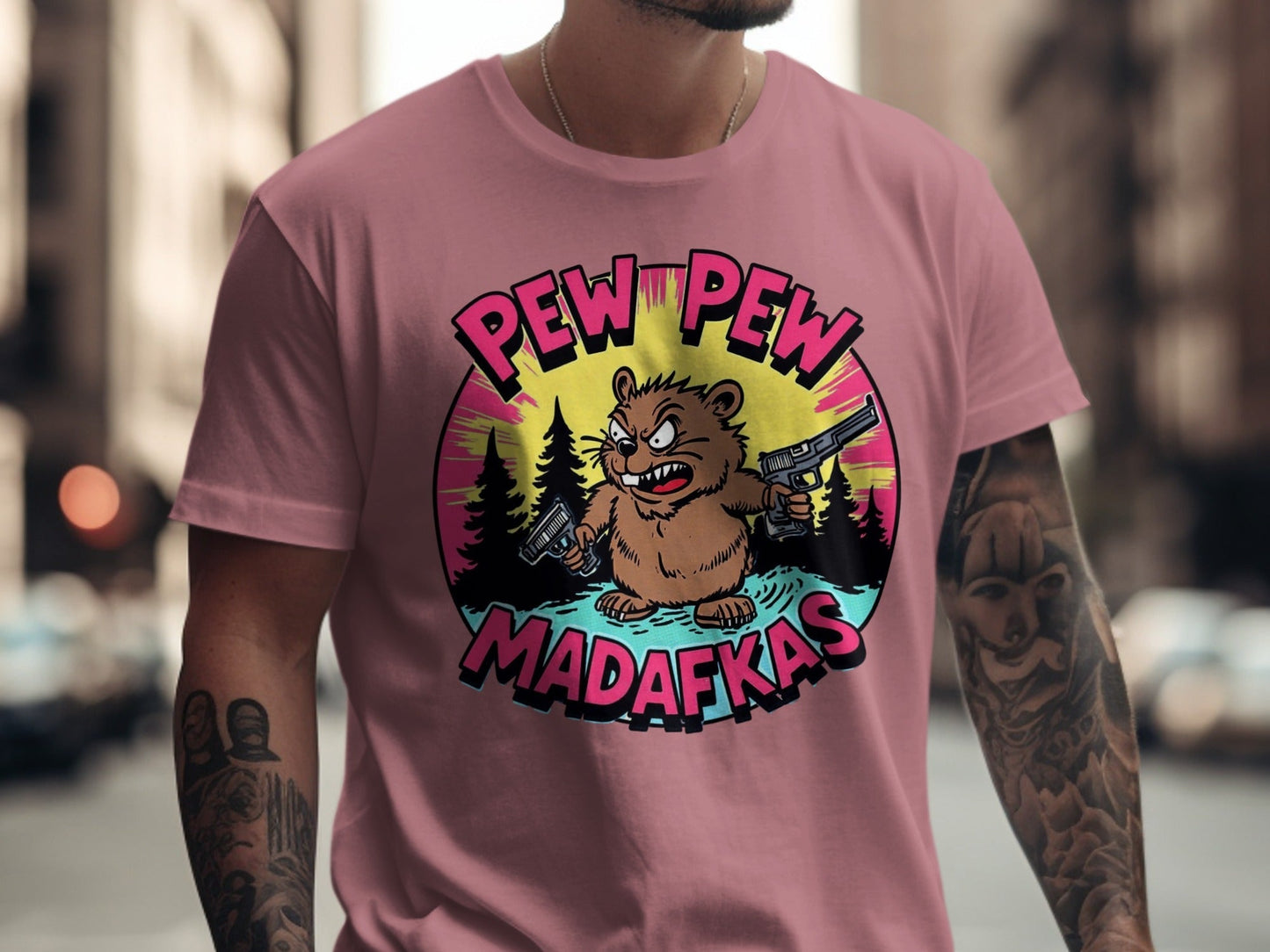 Pew Pew Madafkas Beaver T-Shirt, Funny Animal Tee, Cartoon Beaver, Gun Lover Shirt, Meme T-Shirt, Graphic Tee - IconVexa