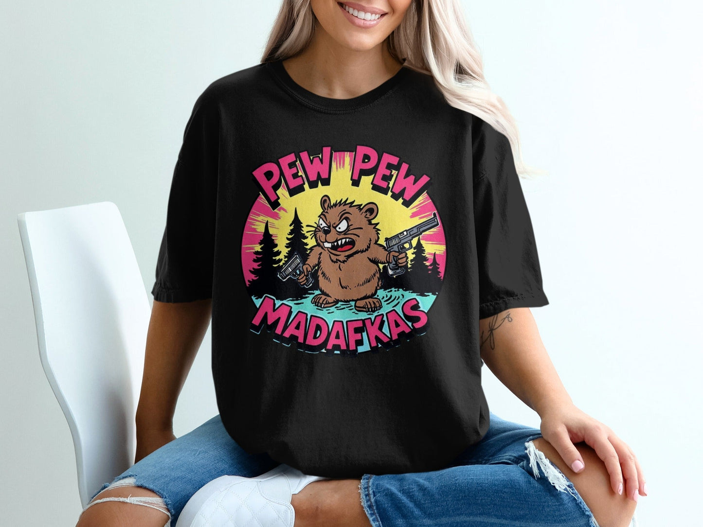 Pew Pew Madafkas Beaver T-Shirt, Funny Animal Tee, Cartoon Beaver, Gun Lover Shirt, Meme T-Shirt, Graphic Tee - IconVexa