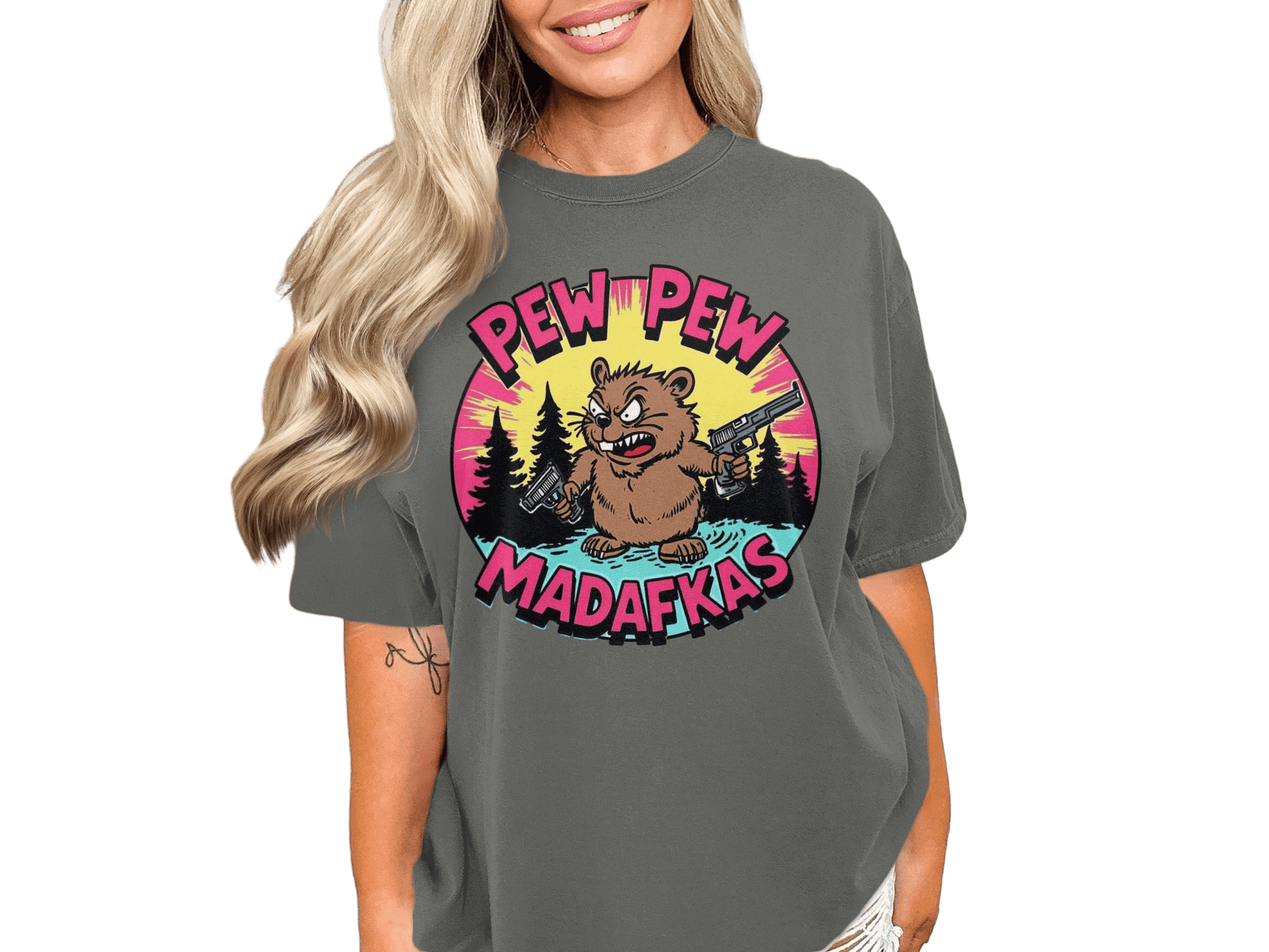 Pew Pew Madafkas Beaver T-Shirt, Funny Animal Tee, Cartoon Beaver, Gun Lover Shirt, Meme T-Shirt, Graphic Tee - IconVexa