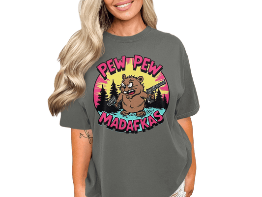 Pew Pew Madafkas Beaver T-Shirt, Funny Animal Tee, Cartoon Beaver, Gun Lover Shirt, Meme T-Shirt, Graphic Tee - IconVexa