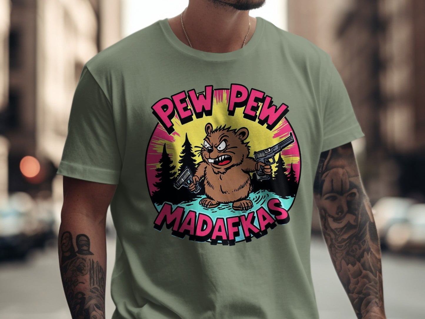 Pew Pew Madafkas Beaver T-Shirt, Funny Animal Tee, Cartoon Beaver, Gun Lover Shirt, Meme T-Shirt, Graphic Tee - IconVexa