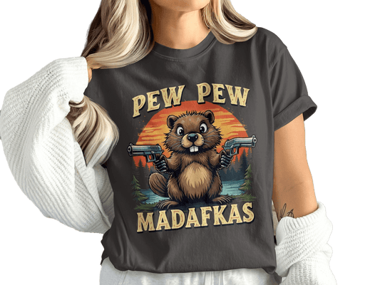 Pew Pew Madafkas Beaver T-Shirt, Funny Animal Tee, Gun Beaver Shirt, Wildlife Meme Tee, Beaver Lover Gift, Trending T-Shirt - IconVexa