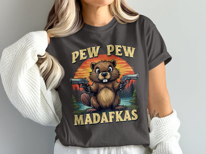 Pew Pew Madafkas Beaver T-Shirt, Funny Animal Tee, Gun Beaver Shirt, Wildlife Meme Tee, Beaver Lover Gift, Trending T-Shirt - IconVexa