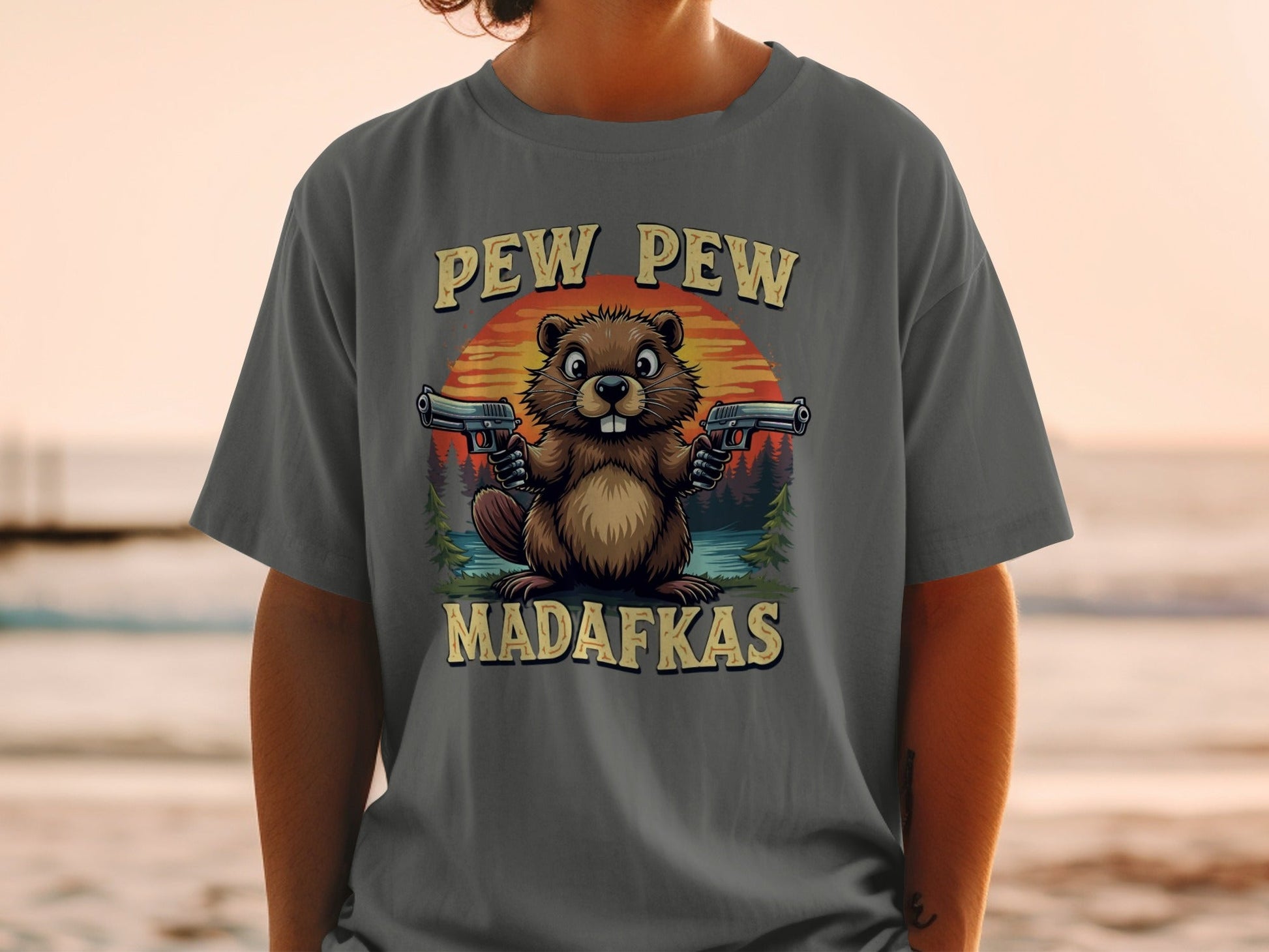 Pew Pew Madafkas Beaver T-Shirt, Funny Animal Tee, Gun Beaver Shirt, Wildlife Meme Tee, Beaver Lover Gift, Trending T-Shirt - IconVexa