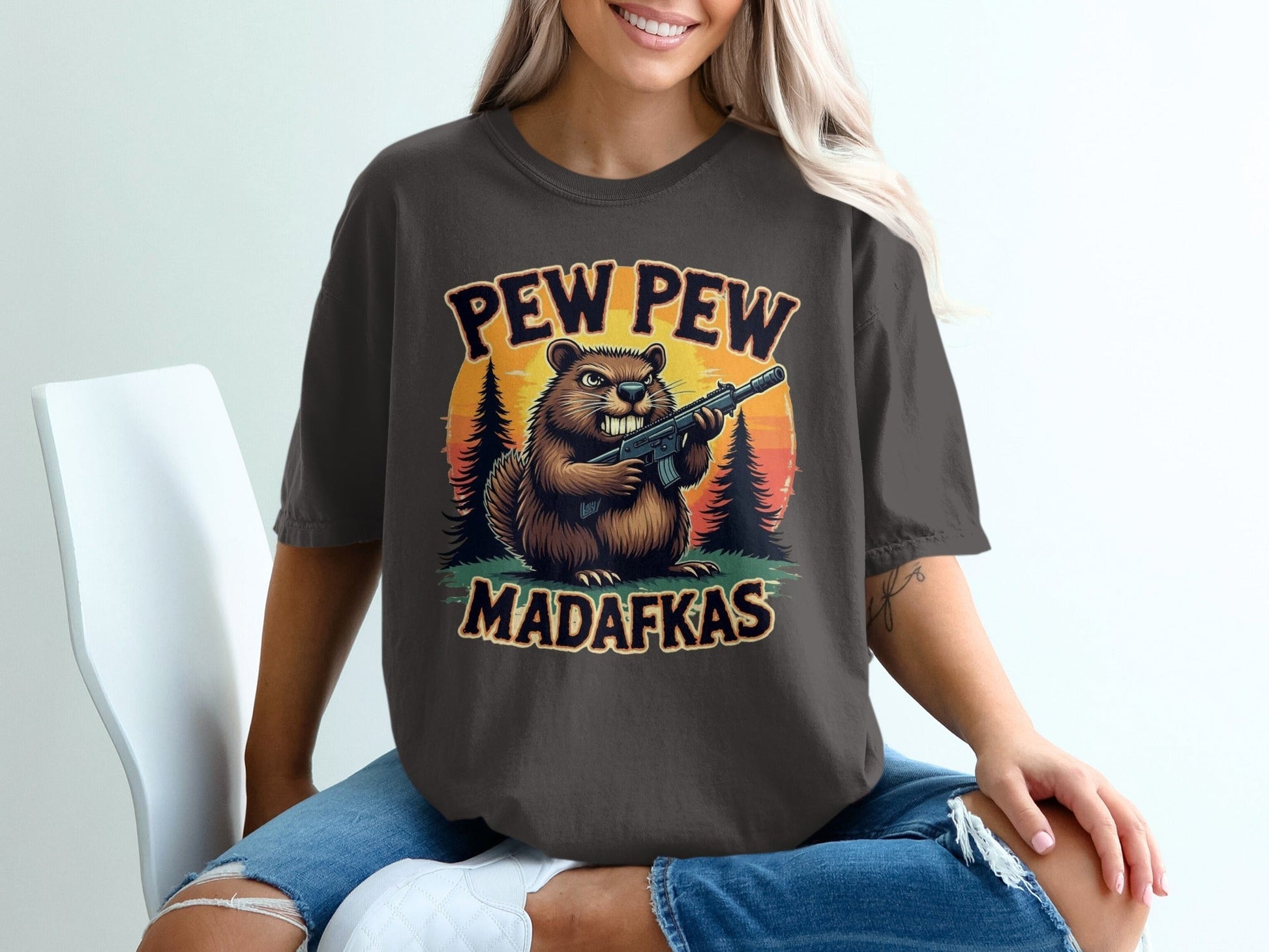 Pew Pew Madafkas T-Shirt, Funny Beaver, Armed Rodent Tee, Novelty Animal Shirt, Meme T-Shirt, Graphic Tee, Statement T-Shirt - IconVexa