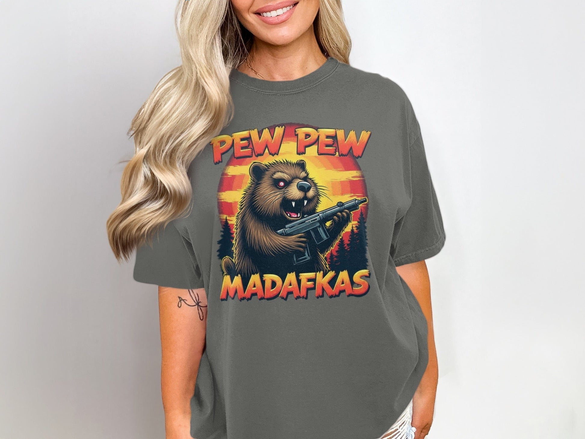 Pew Pew Madafkas T-Shirt, Funny Beaver T-Shirt, Gun T-Shirt, Novelty Tee, Animal T-Shirt, Graphic Tee, Trendy T-Shirt, Gift T-Shirt - IconVexa