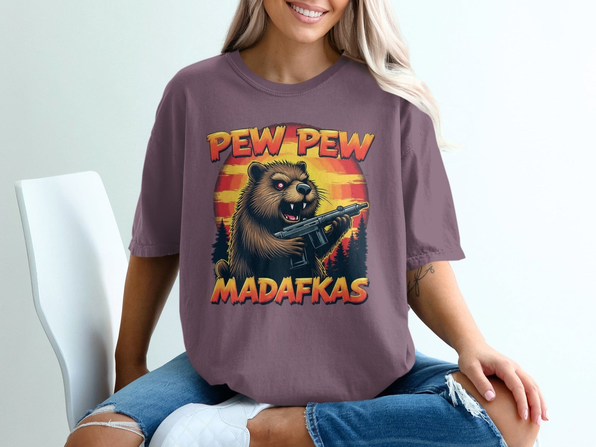 Pew Pew Madafkas T-Shirt, Funny Beaver T-Shirt, Gun T-Shirt, Novelty Tee, Animal T-Shirt, Graphic Tee, Trendy T-Shirt, Gift T-Shirt - IconVexa