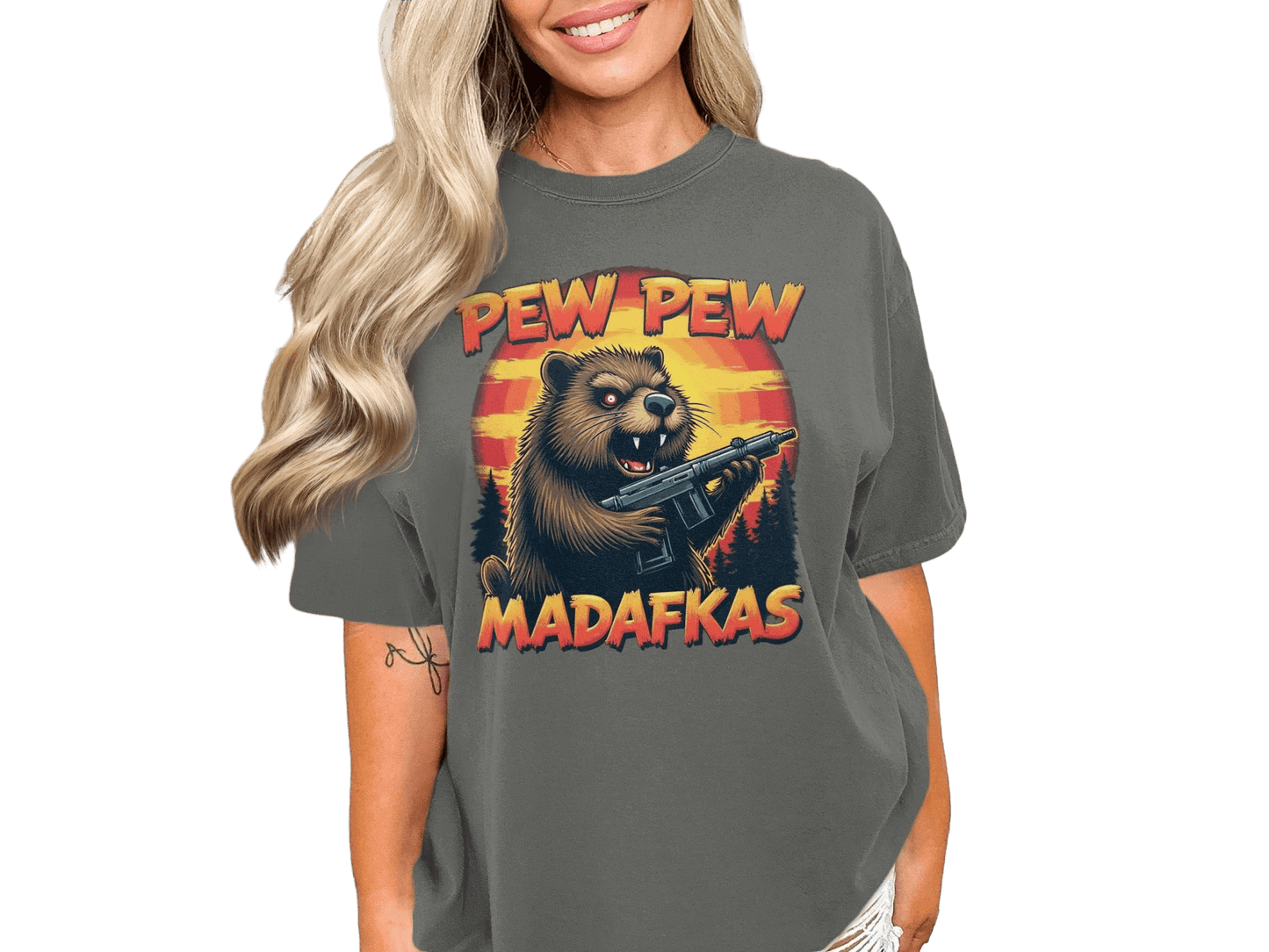 Pew Pew Madafkas T-Shirt, Funny Beaver T-Shirt, Gun T-Shirt, Novelty Tee, Animal T-Shirt, Graphic Tee, Trendy T-Shirt, Gift T-Shirt - IconVexa