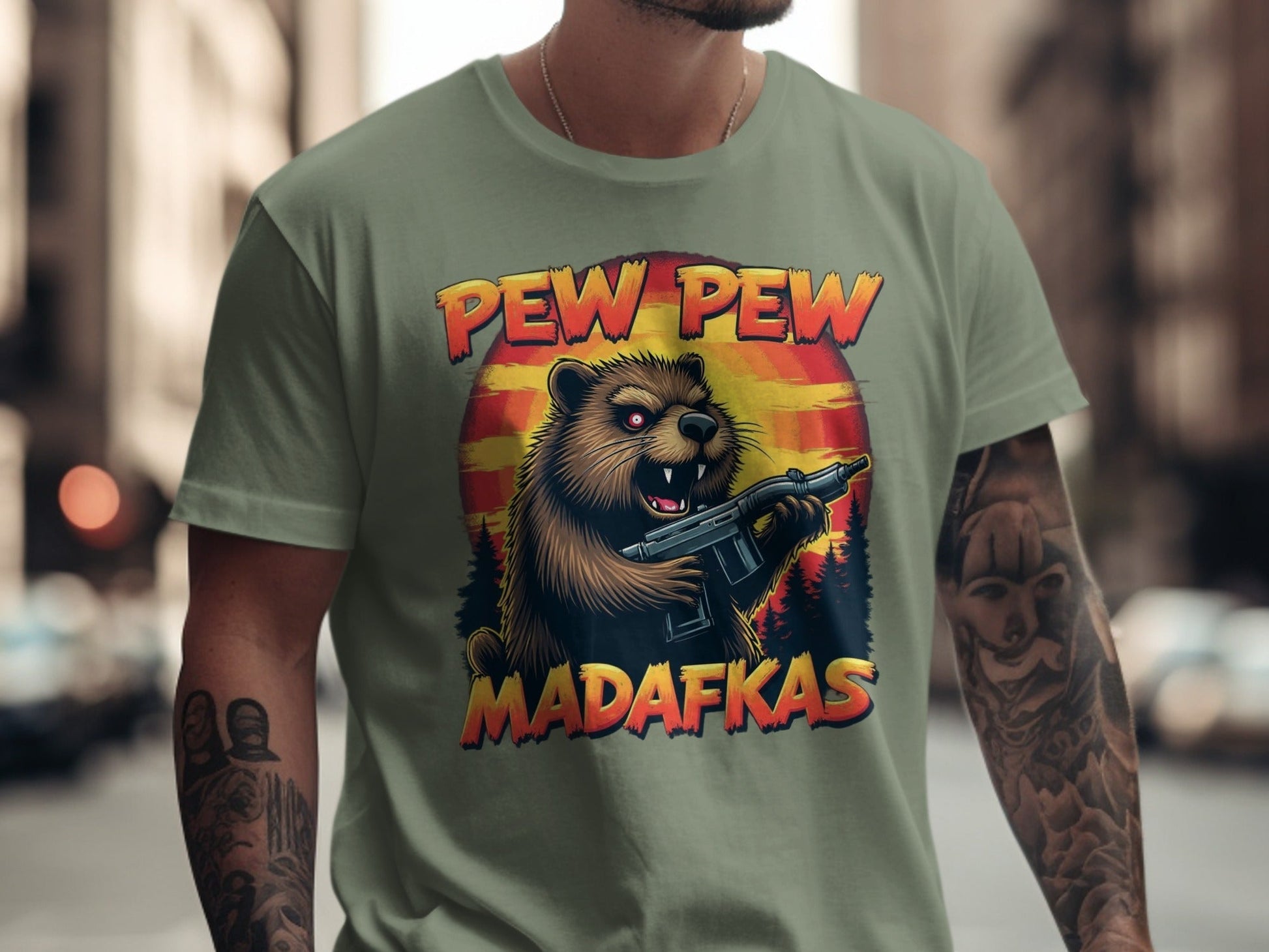 Pew Pew Madafkas T-Shirt, Funny Beaver T-Shirt, Gun T-Shirt, Novelty Tee, Animal T-Shirt, Graphic Tee, Trendy T-Shirt, Gift T-Shirt - IconVexa
