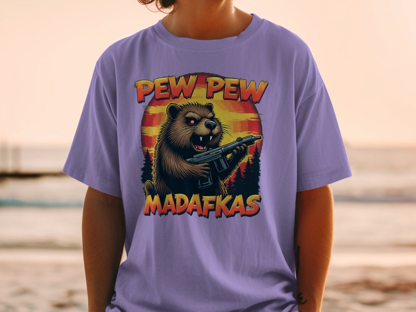 Pew Pew Madafkas T-Shirt, Funny Beaver T-Shirt, Gun T-Shirt, Novelty Tee, Animal T-Shirt, Graphic Tee, Trendy T-Shirt, Gift T-Shirt - IconVexa
