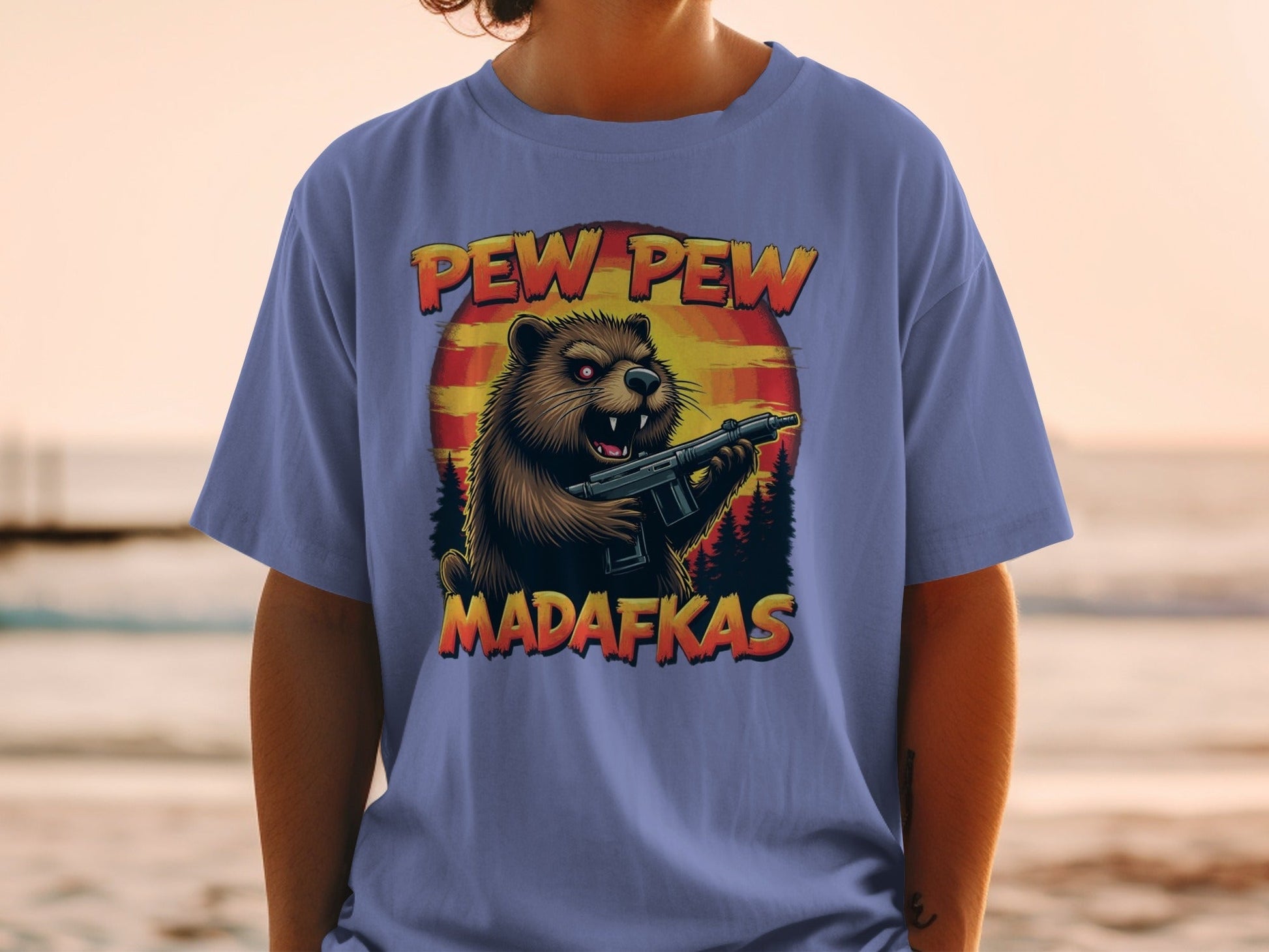 Pew Pew Madafkas T-Shirt, Funny Beaver T-Shirt, Gun T-Shirt, Novelty Tee, Animal T-Shirt, Graphic Tee, Trendy T-Shirt, Gift T-Shirt - IconVexa