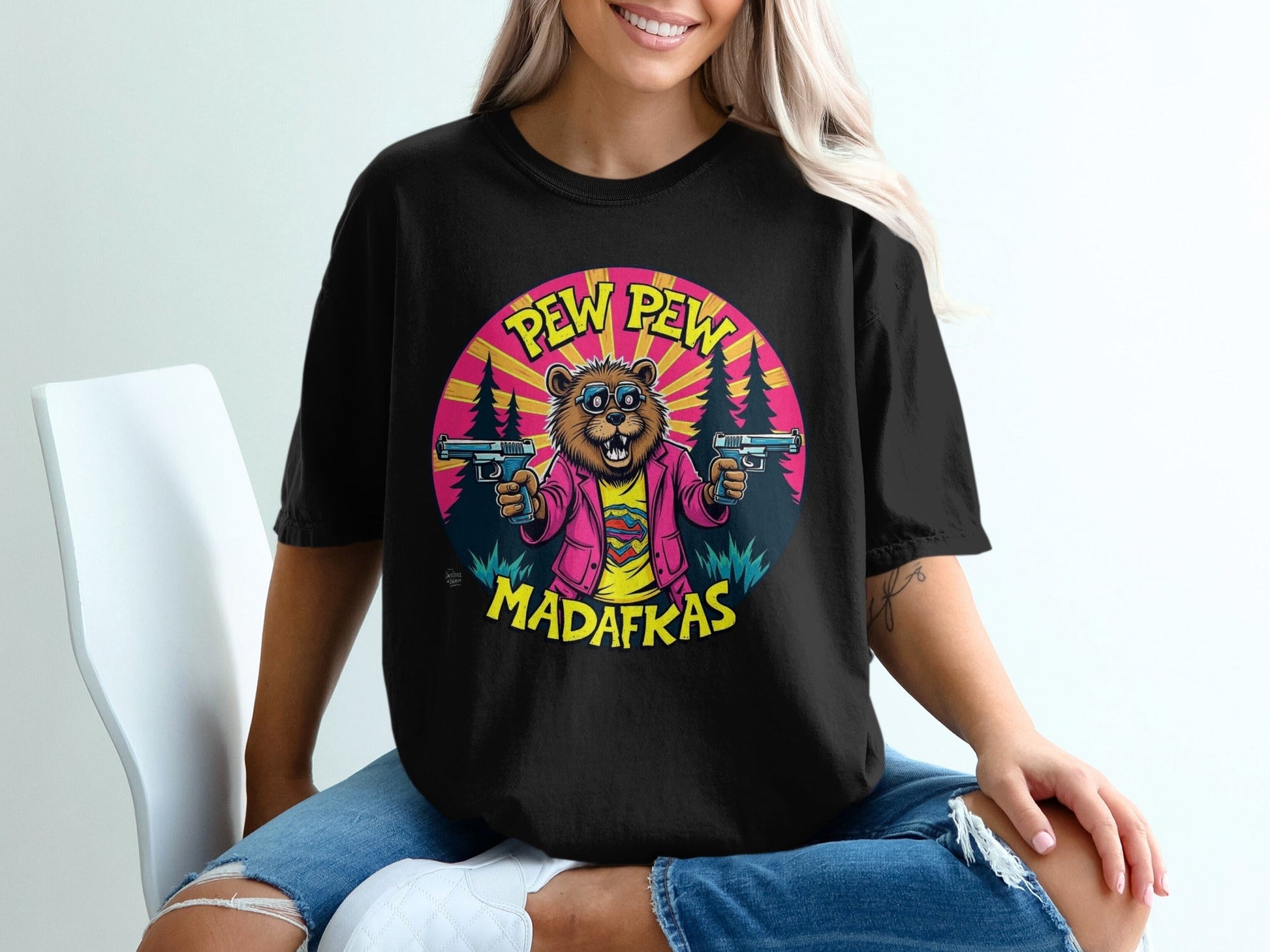 Pew Pew Madafkas T-Shirt, Funny Beaver with Guns Shirt, Novelty Animal Tee, Graphic Print T-Shirt, Cool Cartoon Beaver T Shirt, Gift Idea - IconVexa
