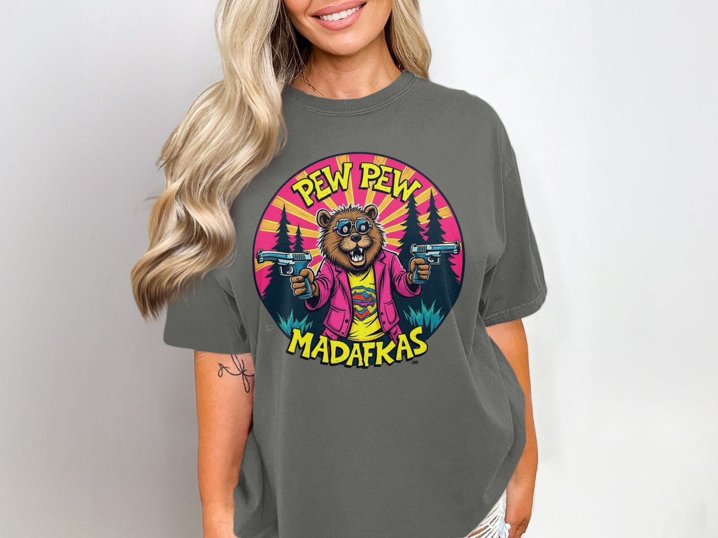 Pew Pew Madafkas T-Shirt, Funny Beaver with Guns Shirt, Novelty Animal Tee, Graphic Print T-Shirt, Cool Cartoon Beaver T Shirt, Gift Idea - IconVexa