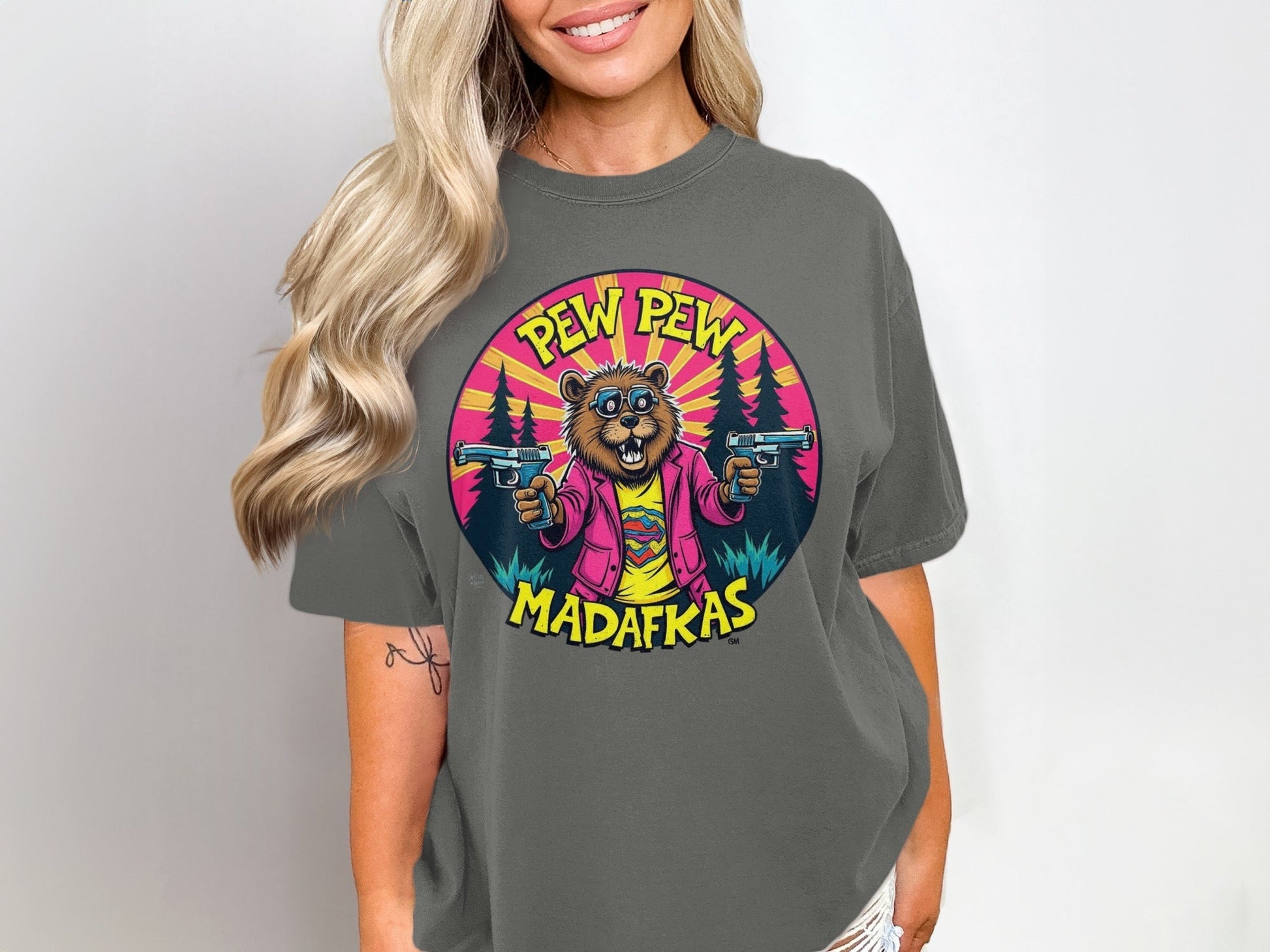 Pew Pew Madafkas T-Shirt, Funny Beaver with Guns Shirt, Novelty Animal Tee, Graphic Print T-Shirt, Cool Cartoon Beaver T Shirt, Gift Idea - IconVexa