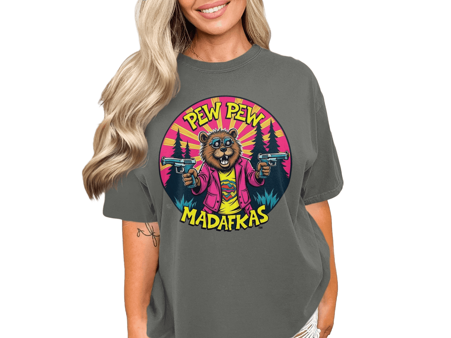 Pew Pew Madafkas T-Shirt, Funny Beaver with Guns Shirt, Novelty Animal Tee, Graphic Print T-Shirt, Cool Cartoon Beaver T Shirt, Gift Idea - IconVexa