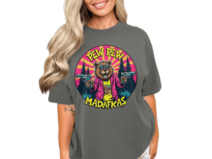 Pew Pew Madafkas T-Shirt, Funny Beaver with Guns Shirt, Novelty Animal Tee, Graphic Print T-Shirt, Cool Cartoon Beaver T Shirt, Gift Idea - IconVexa
