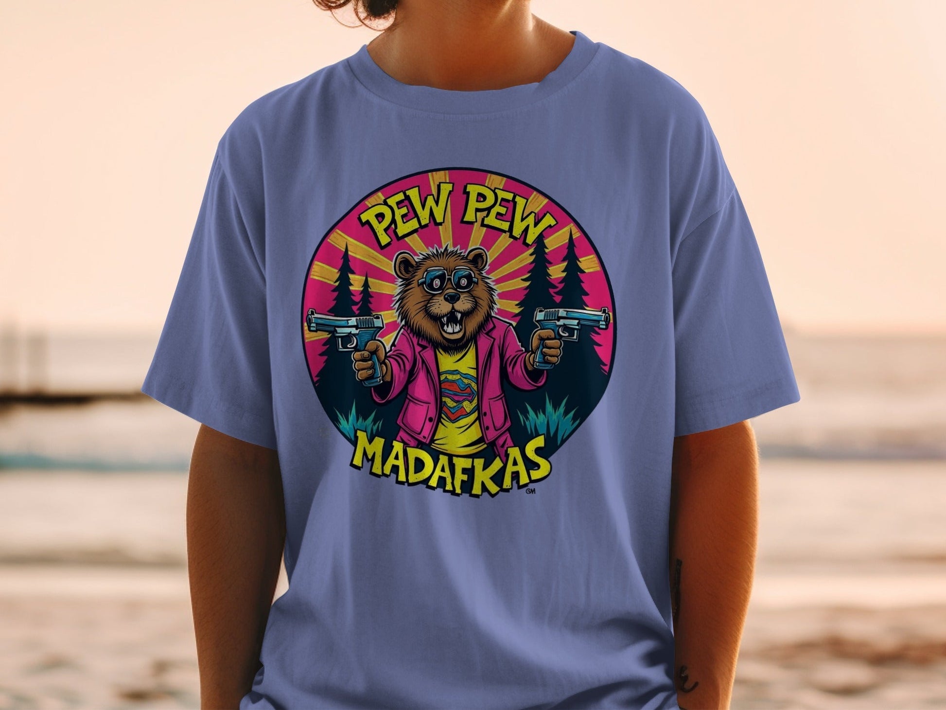 Pew Pew Madafkas T-Shirt, Funny Beaver with Guns Shirt, Novelty Animal Tee, Graphic Print T-Shirt, Cool Cartoon Beaver T Shirt, Gift Idea - IconVexa