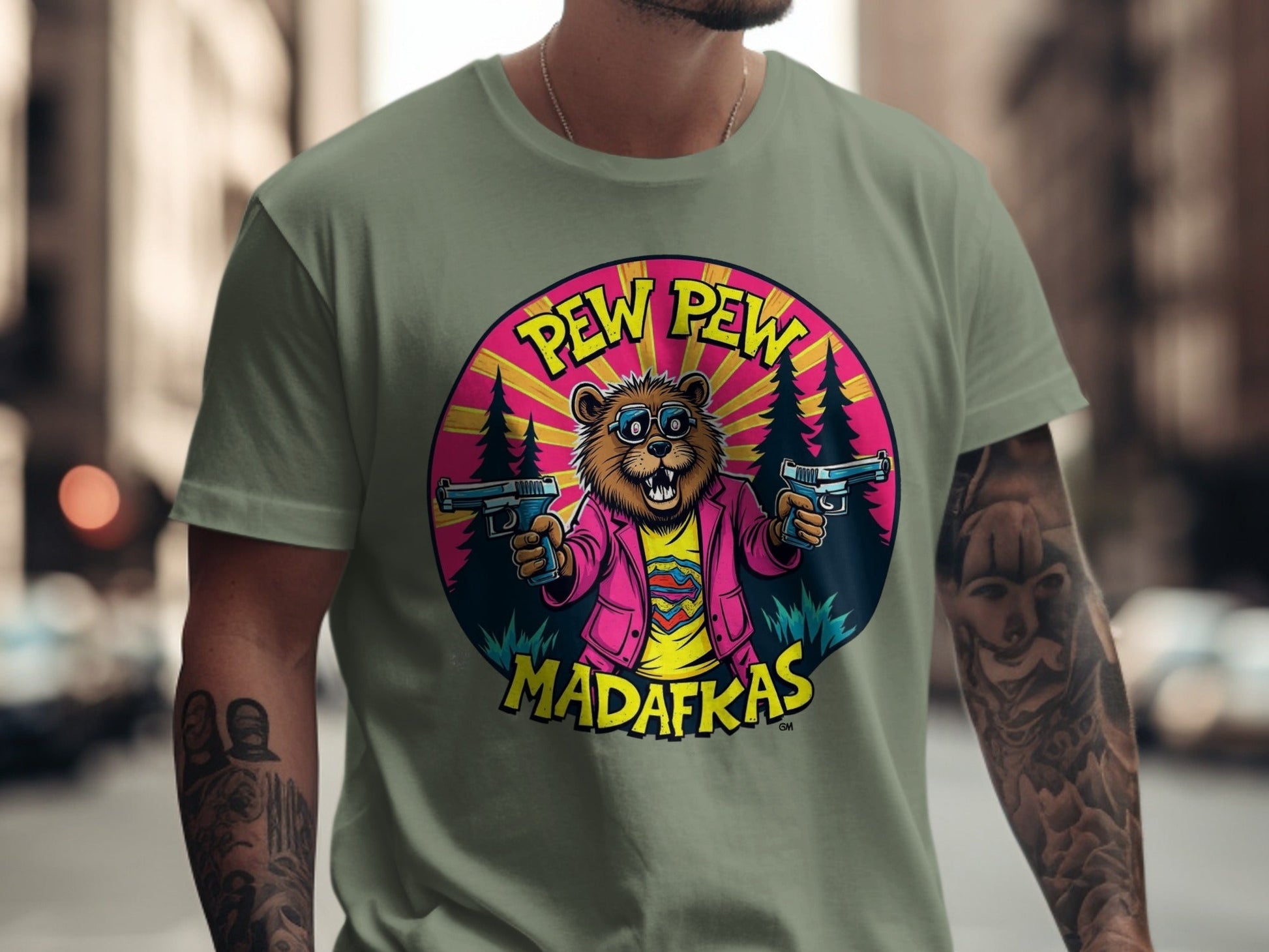 Pew Pew Madafkas T-Shirt, Funny Beaver with Guns Shirt, Novelty Animal Tee, Graphic Print T-Shirt, Cool Cartoon Beaver T Shirt, Gift Idea - IconVexa