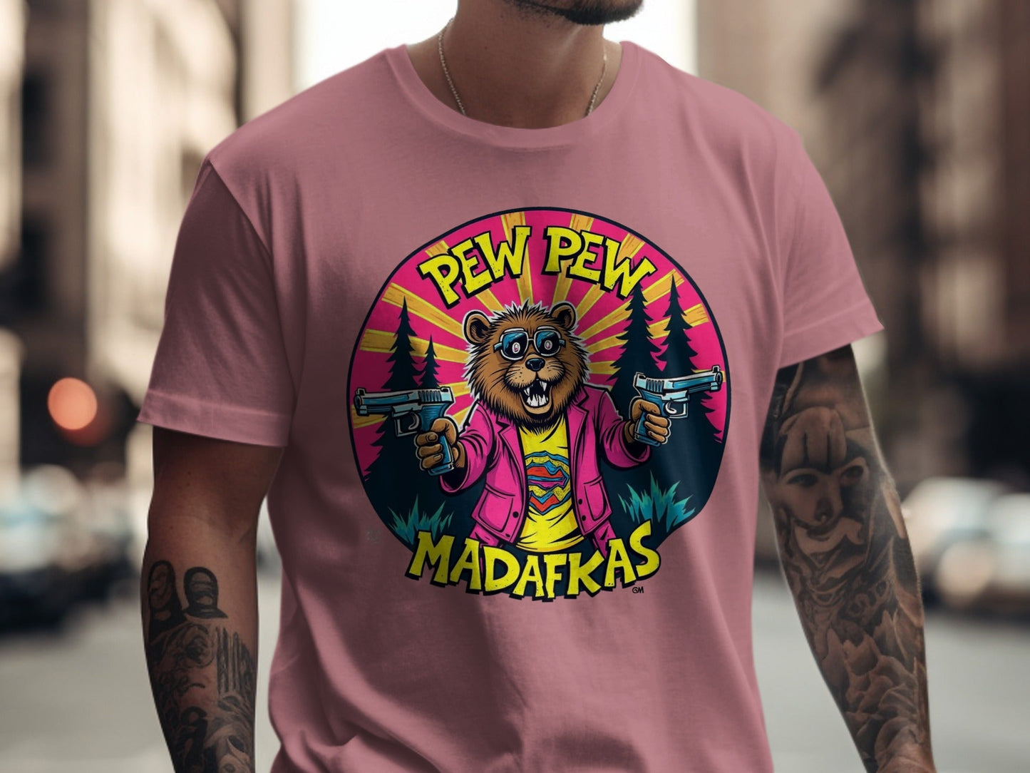 Pew Pew Madafkas T-Shirt, Funny Beaver with Guns Shirt, Novelty Animal Tee, Graphic Print T-Shirt, Cool Cartoon Beaver T Shirt, Gift Idea - IconVexa