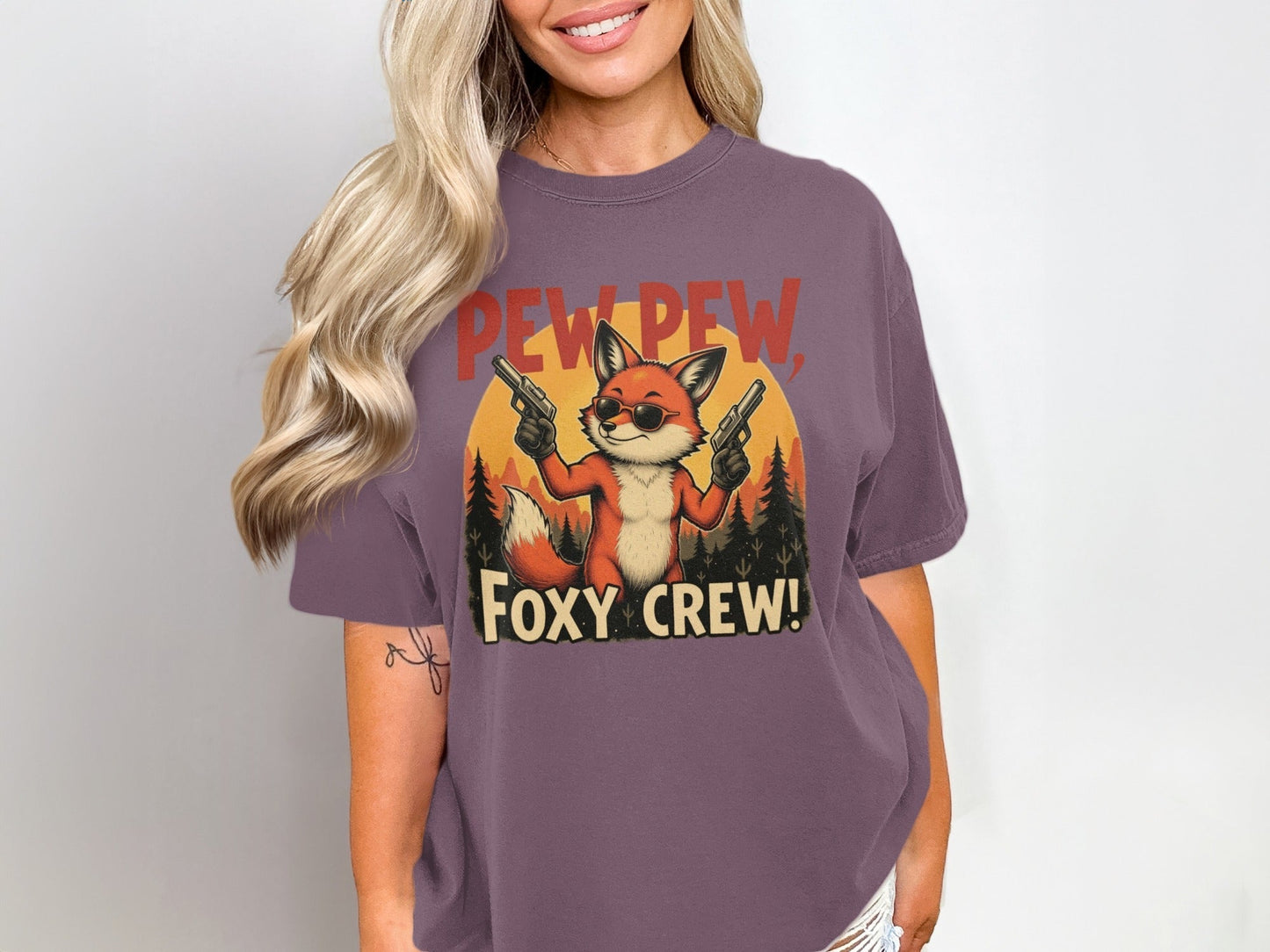 Pew Pew T-Shirt, Foxy Crew Tee Shirt, Funny Fox Design T-Shirt, Animal Lover Tee Shirt, Gangster Fox T Shirt, Graphic Tee, Unisex - IconVexa