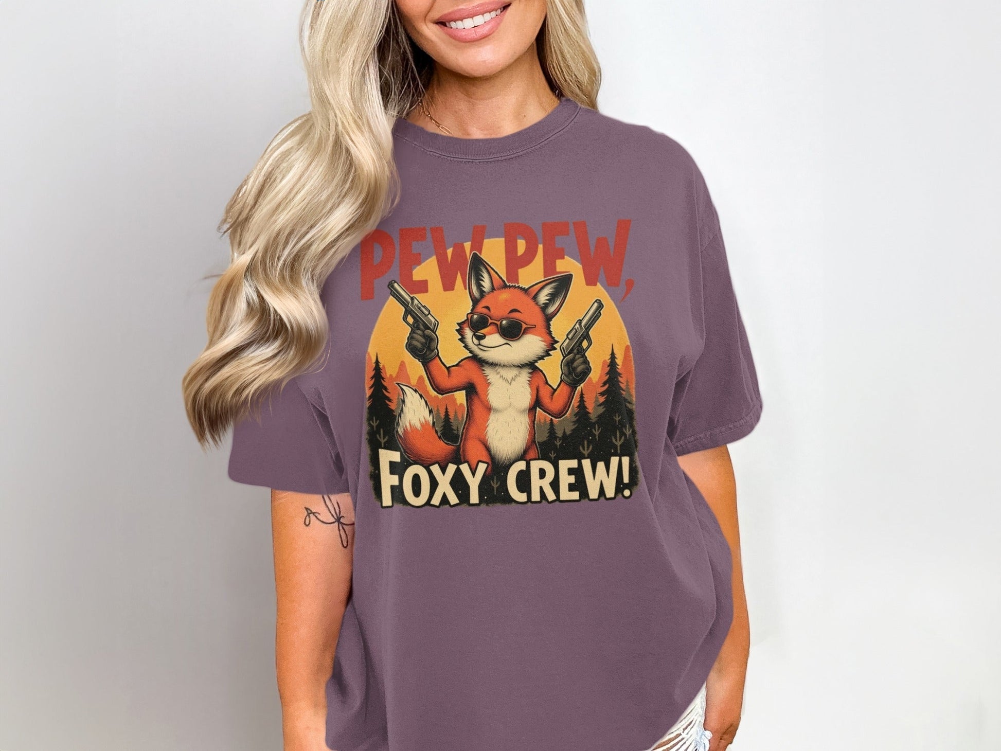 Pew Pew T-Shirt, Foxy Crew Tee Shirt, Funny Fox Design T-Shirt, Animal Lover Tee Shirt, Gangster Fox T Shirt, Graphic Tee, Unisex - IconVexa