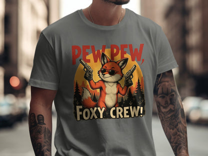 Pew Pew T-Shirt, Foxy Crew Tee Shirt, Funny Fox Design T-Shirt, Animal Lover Tee Shirt, Gangster Fox T Shirt, Graphic Tee, Unisex - IconVexa