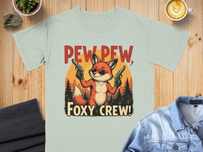 Pew Pew T-Shirt, Foxy Crew Tee Shirt, Funny Fox Design T-Shirt, Animal Lover Tee Shirt, Gangster Fox T Shirt, Graphic Tee, Unisex - IconVexa