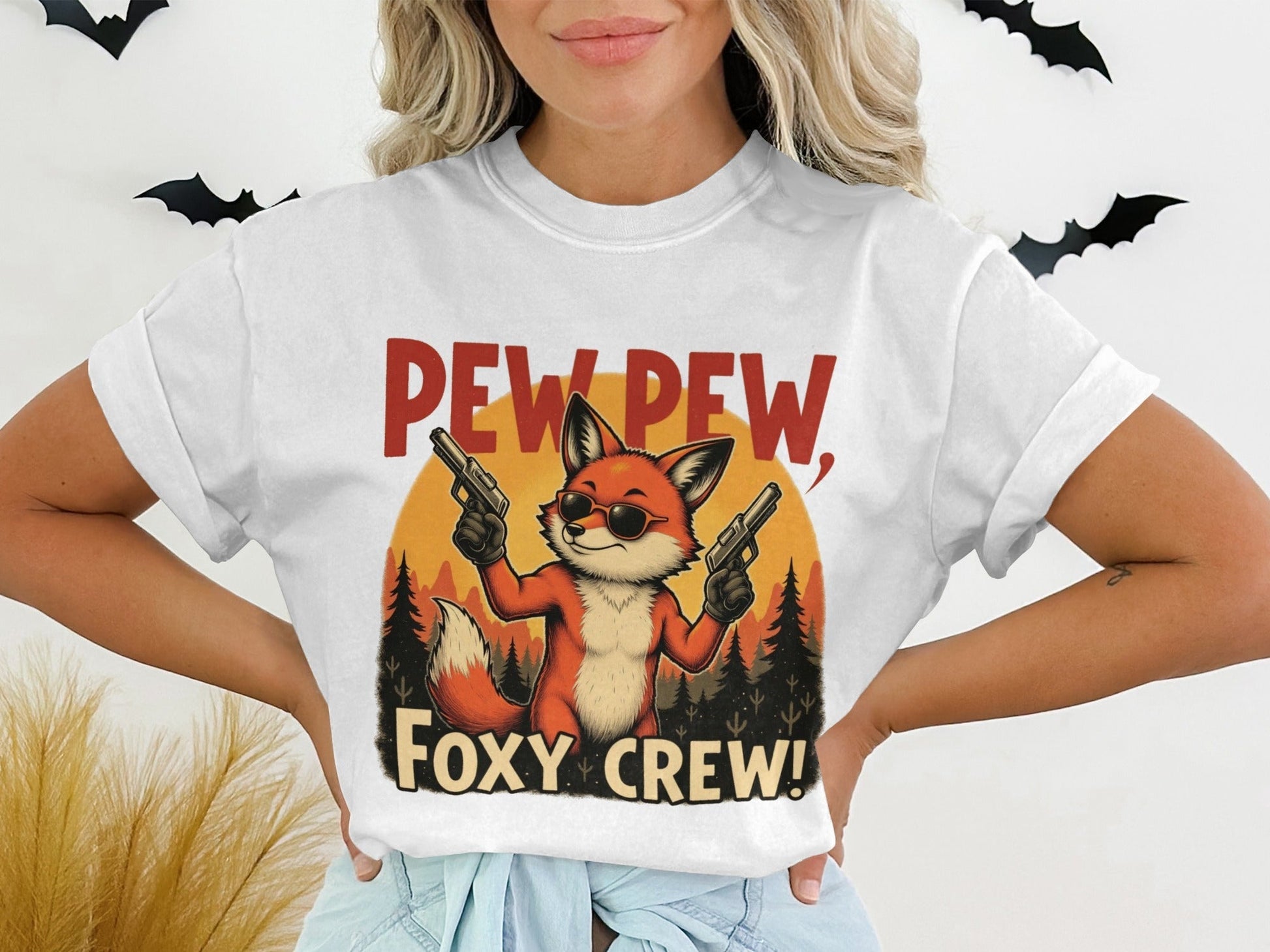 Pew Pew T-Shirt, Foxy Crew Tee Shirt, Funny Fox Design T-Shirt, Animal Lover Tee Shirt, Gangster Fox T Shirt, Graphic Tee, Unisex - IconVexa