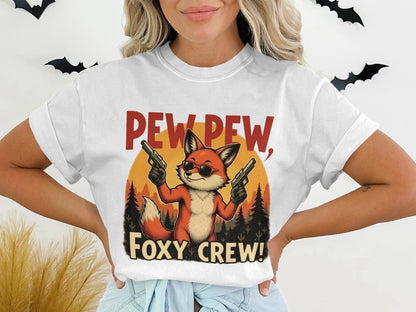 Pew Pew T-Shirt, Foxy Crew Tee Shirt, Funny Fox Design T-Shirt, Animal Lover Tee Shirt, Gangster Fox T Shirt, Graphic Tee, Unisex - IconVexa